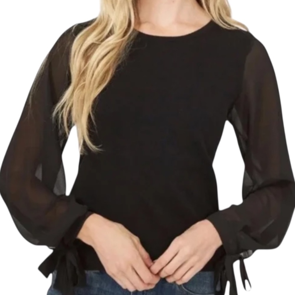CeCe Black Chiffon Sleeve Knit Sweater – Size XXS